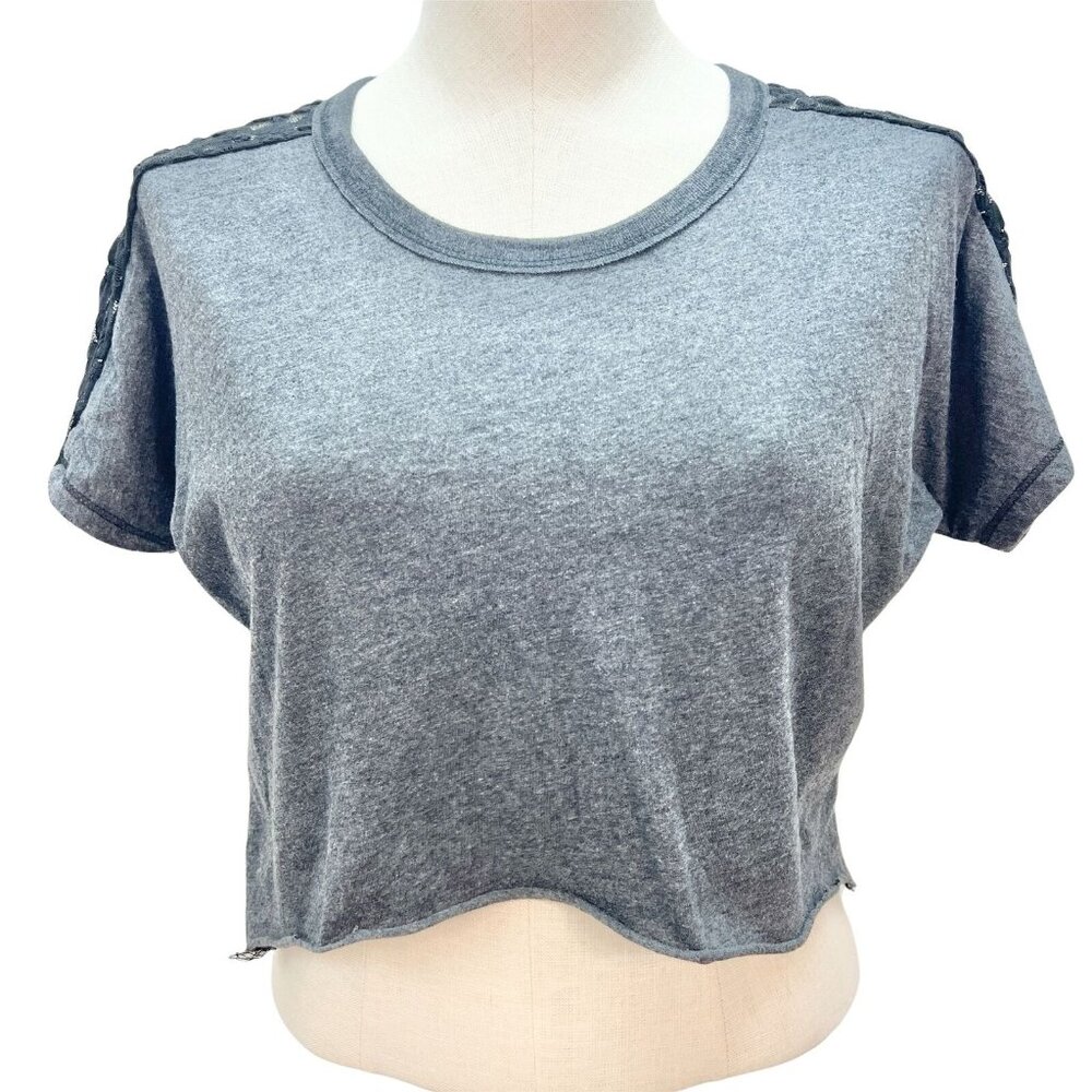 To Love Womens 12 Short Sleeve Gray Crop Top Shirt Black Lace Shoulders